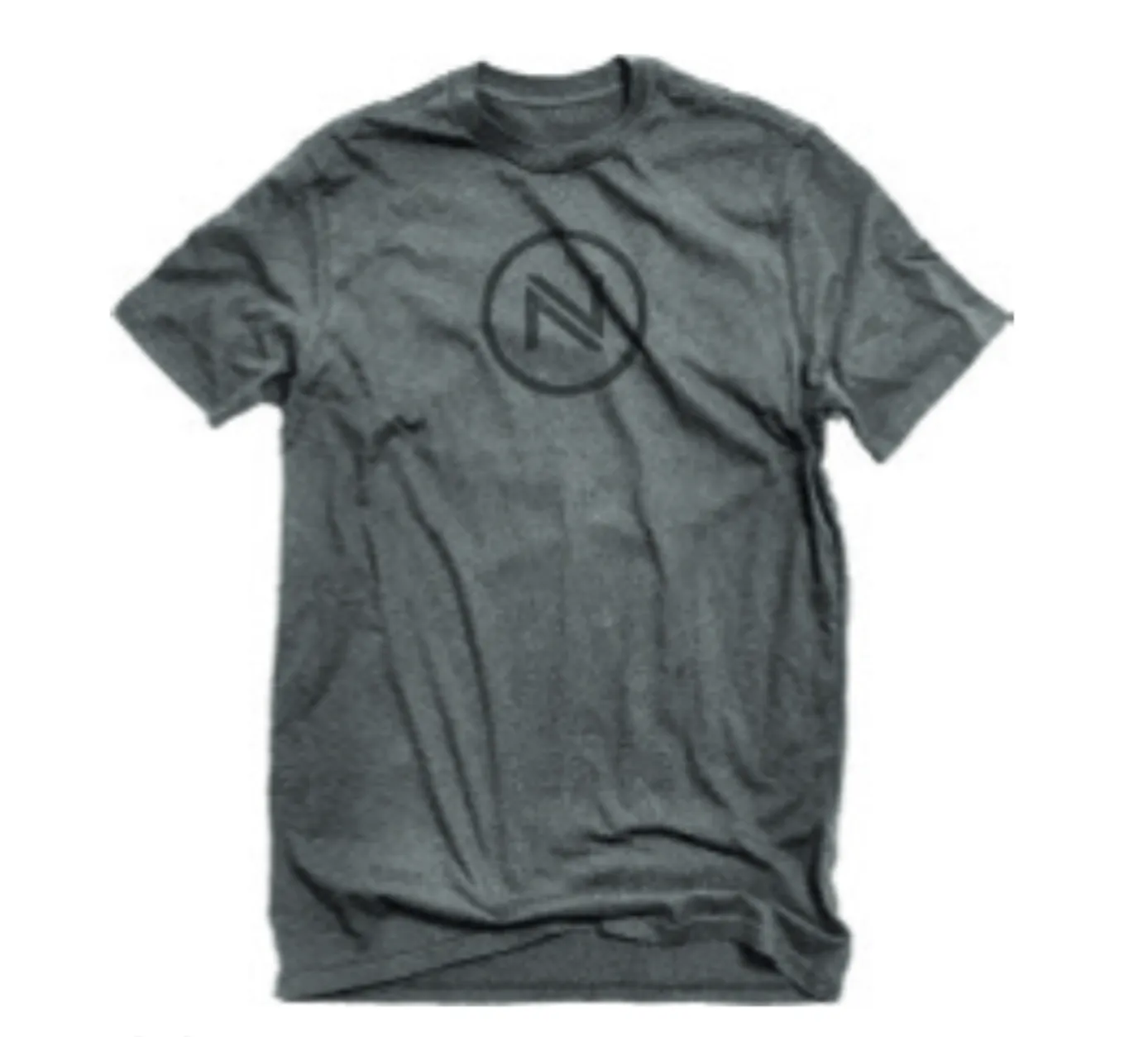 Graues Nidecker Tee Shirt mit rundem Logo auf der Brust, liegend.