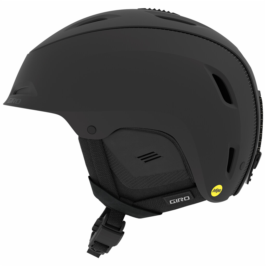 Mattschwarzer Skihelm Giro Range MIPS von der Seite, mit Belüftungslöchern und Kinnriemen.