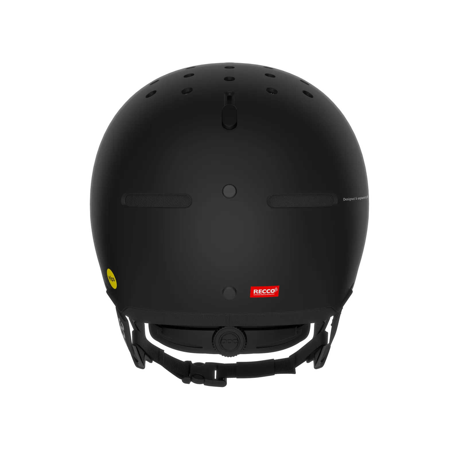 Schwarzer POC Calyx Helm von hinten mit Belüftungslöchern und RECCO-Reflektor am Einstellrad.