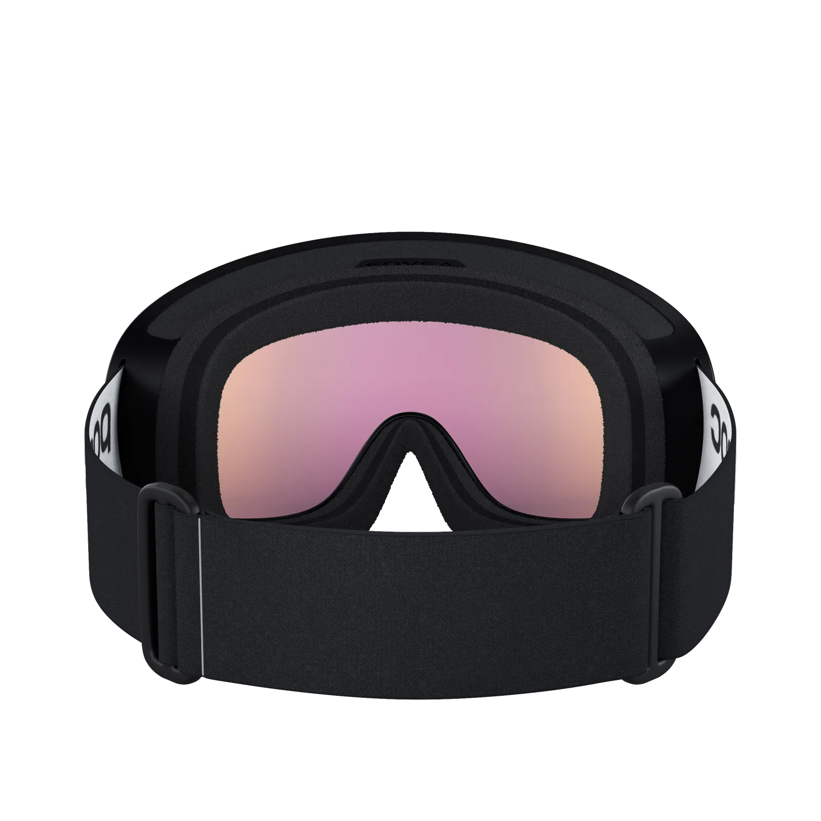Schwarze POC Fovea Clarity Skibrille mit partly sunny Linse von hinten, mit breitem, verstellbaren Band.