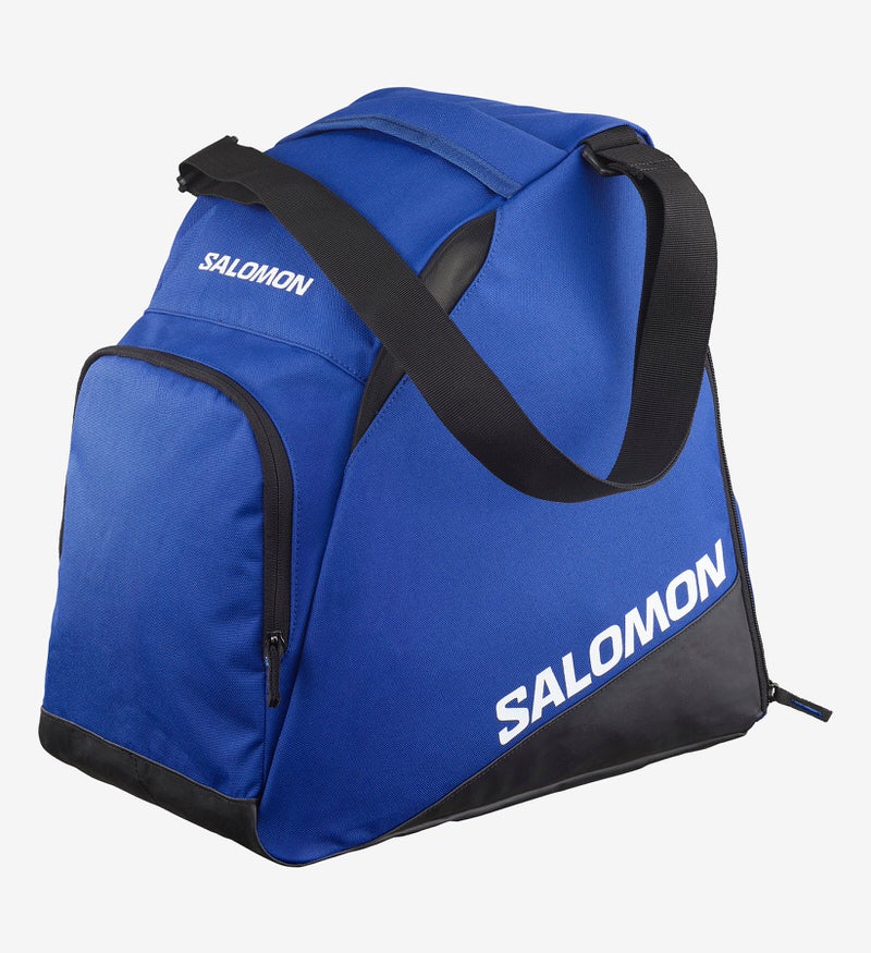 Blaue Skischuhtasche Blaue Salomon Skischuhtasche mit schwarzem Schultergurt und Reissverschluss.