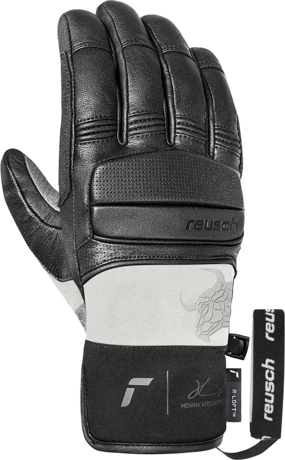 Eine schwarze Reusch-Lederhandschuh mit Markenlogo und einem silbernen Büffelkopf-Design auf hellem Stoff.