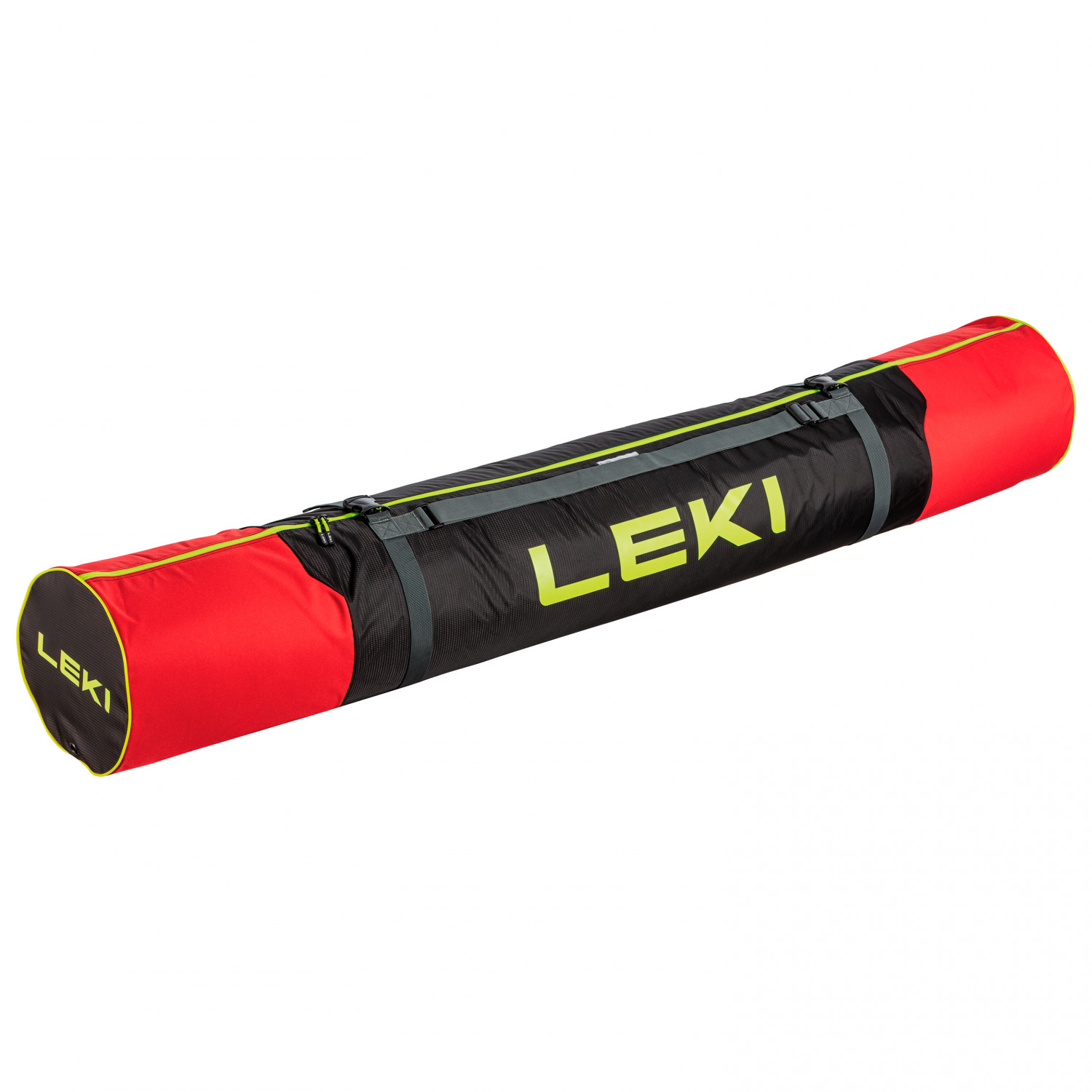 Die rote und schwarze Leki Alpine Ski Bag, liegend, mit gelbem Leki-Schriftzug.