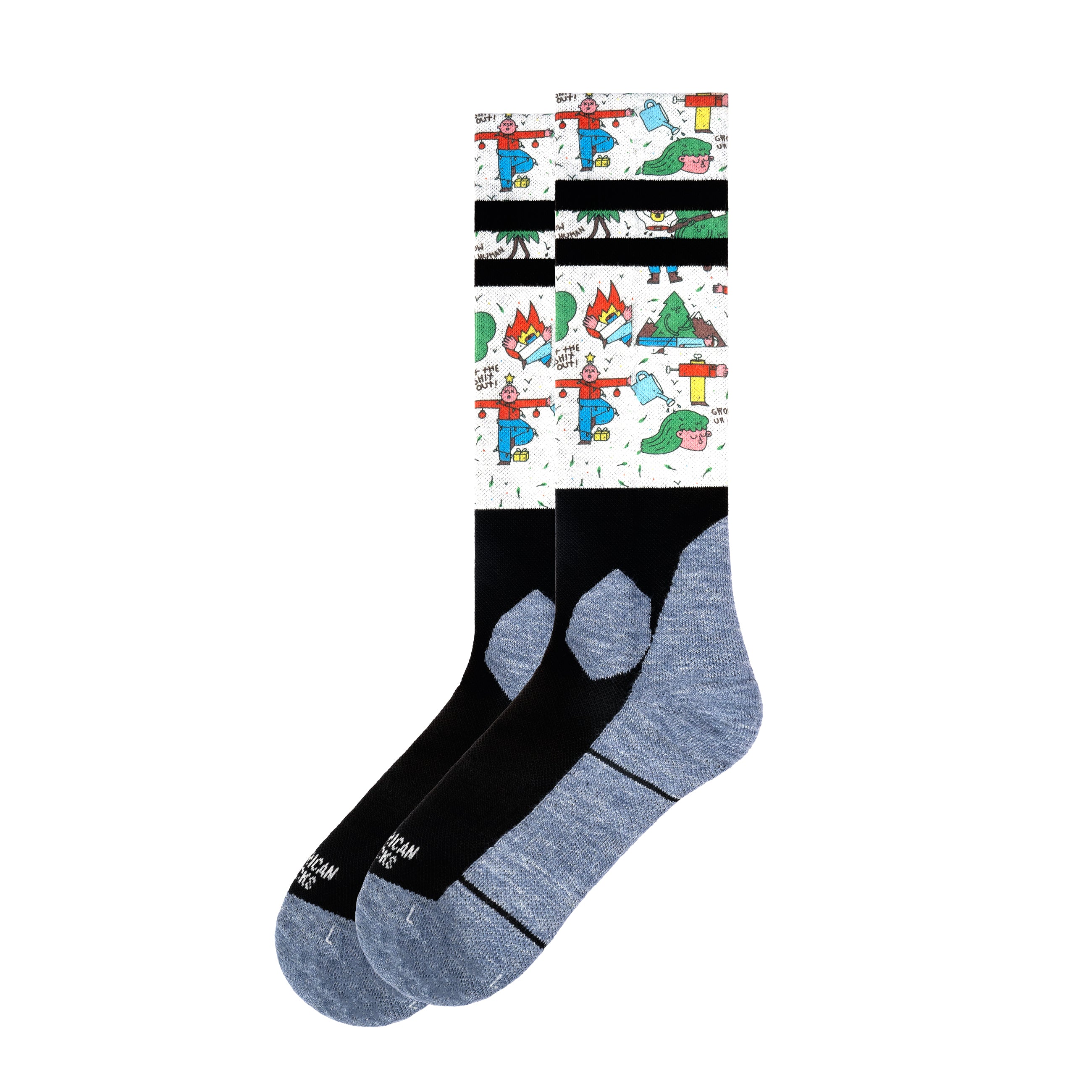Kniehohe Snow Socks mit Comic-Zeichnungen auf weißem Grund und grau-schwarzem Fußteil.
