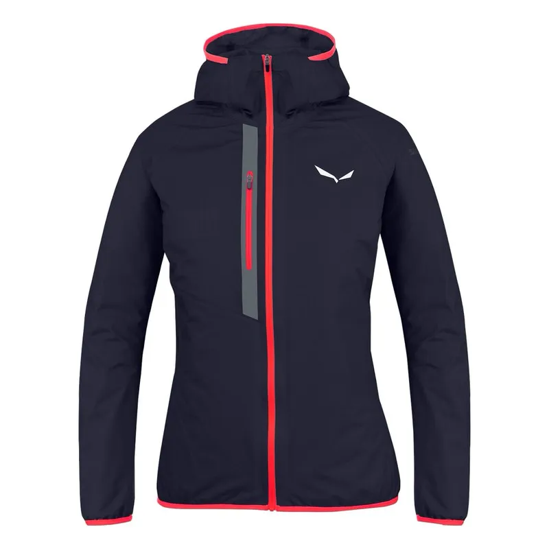 Dunkelblaue Salewa Puez Light Powertex Jacke mit Kapuze und roten Details.