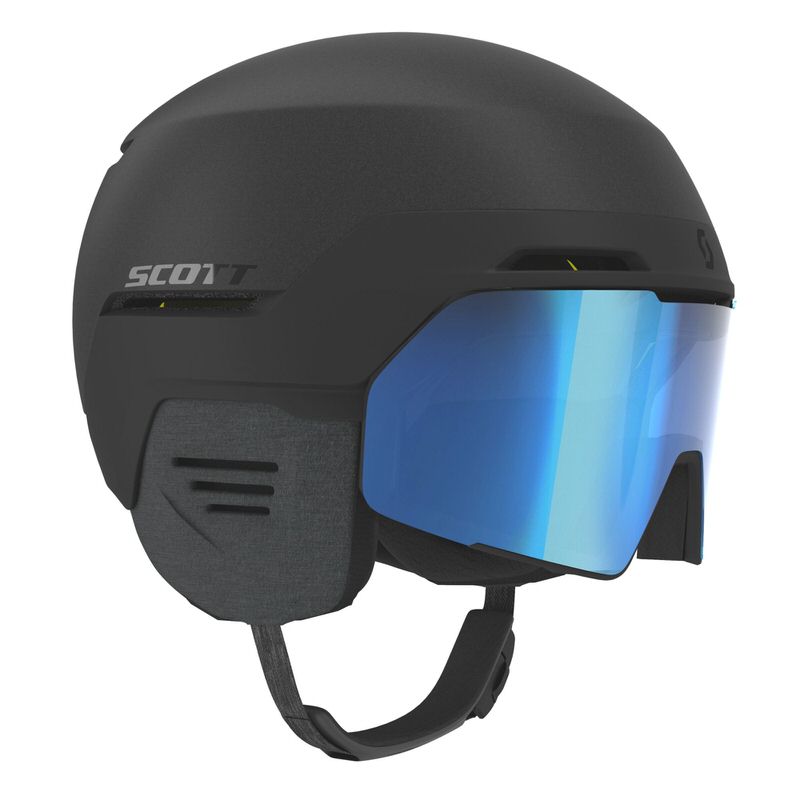 Schwarzer Skihelm "Scott Blend Plus LS" mit blau verspiegelter Scheibe und Ohrenpads.
