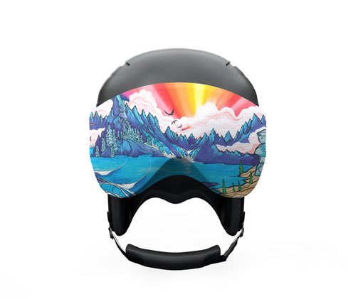 Helm mit Landschaftsdesign Helm mit Visorsoc: Landschaft mit Bergen, See, Sonnenstrahlen und Vögeln.