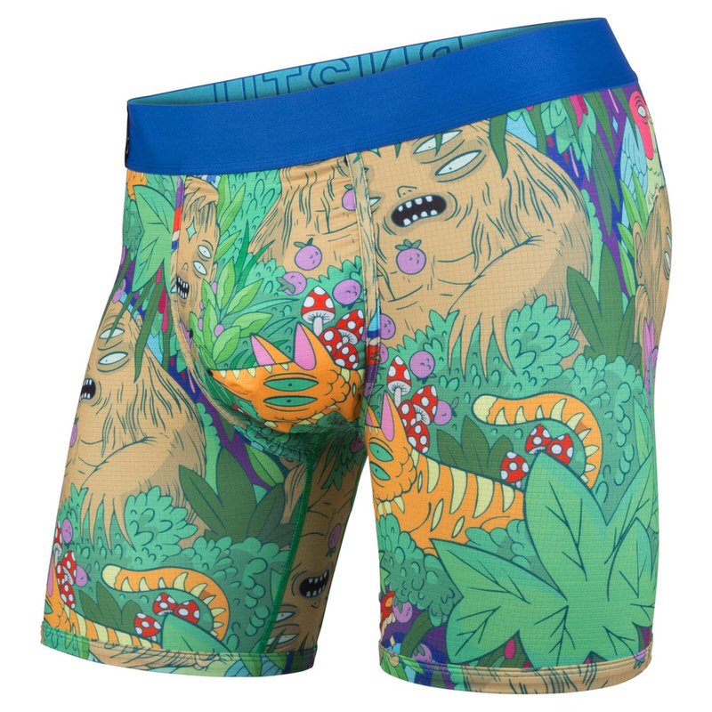 Dschungel Boxer Briefs Boxer Brief "Lurking in the Jungle" mit blauem Bund und Dschungel-Muster mit Fantasiewesen und psychedelischen Elementen.