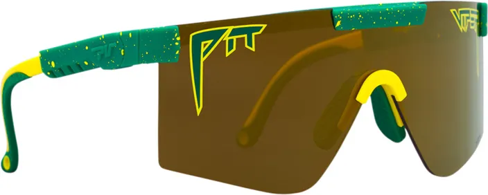 Die Pit Viper Straya Original Sonnenbrille, grün-gelbes Gestell mit golden polarisierten Gläsern.