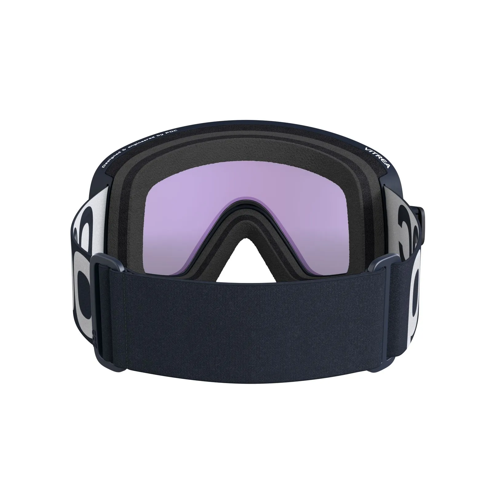 Frontansicht der POC Vitrea Skibrille in Apatite Navy mit Partly Sunny Blue Linse und breitem, dunklem Kopfband.