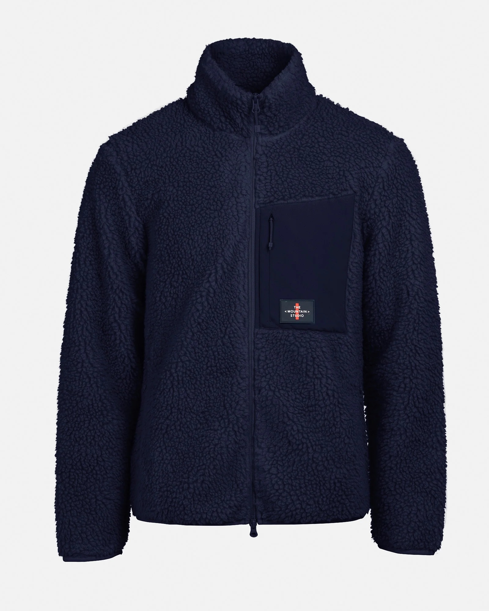 Dunkelblaue Fleecejacke mit Reißverschluss, Stehkragen und quadratischer Brusttasche mit Logoaufnäher.