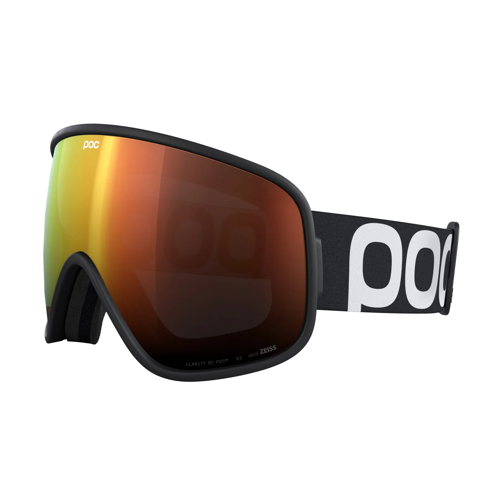 Skibrille POC Vitrea, schwarzer Rahmen, orange getönte Linse, seitliches POC-Logo am Band.