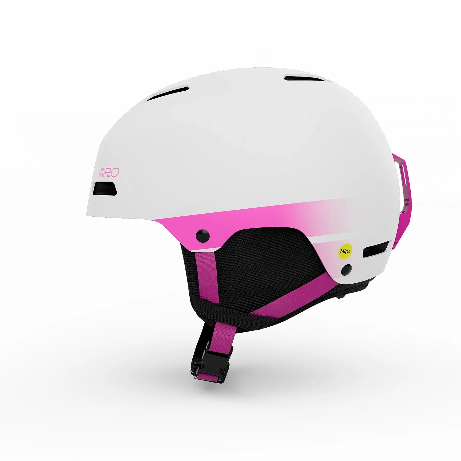 Weißer Skihelm mit pinkfarbenem Akzentstreifen und Kinnriemen, seitliche Belüftungsschlitze und MIPS-Logo.