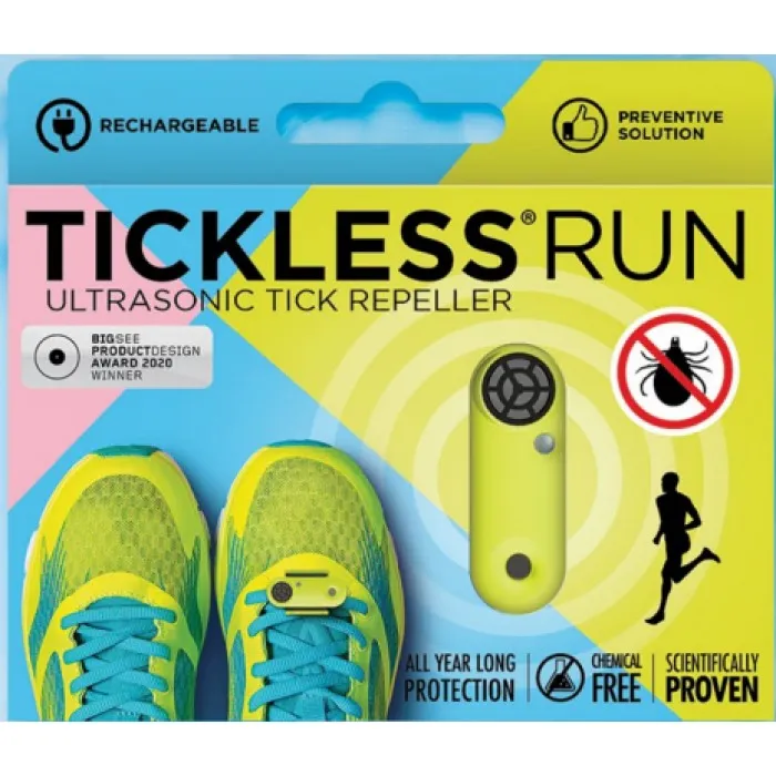 Verpackung für Tickless Run: Ultraschall-Zeckenabwehr für Schuhe. Chemikalienfrei, mit Läufer-Silhouette und Warnsymbol für Zecken.