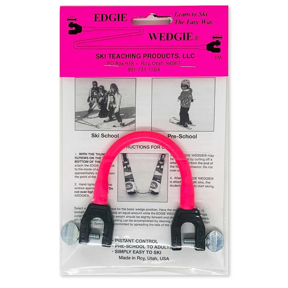 Verpackter Edgie Wedgie Original Pink: Skispitzen-Verbinder mit Gummiband und Schraubklemmen zur Förderung der Schneepflugtechnik.