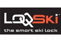 Schwarzes Logo mit weißem "LO" und rotem "QSKI". Unterhalb steht in weiß "the smart ski lock".