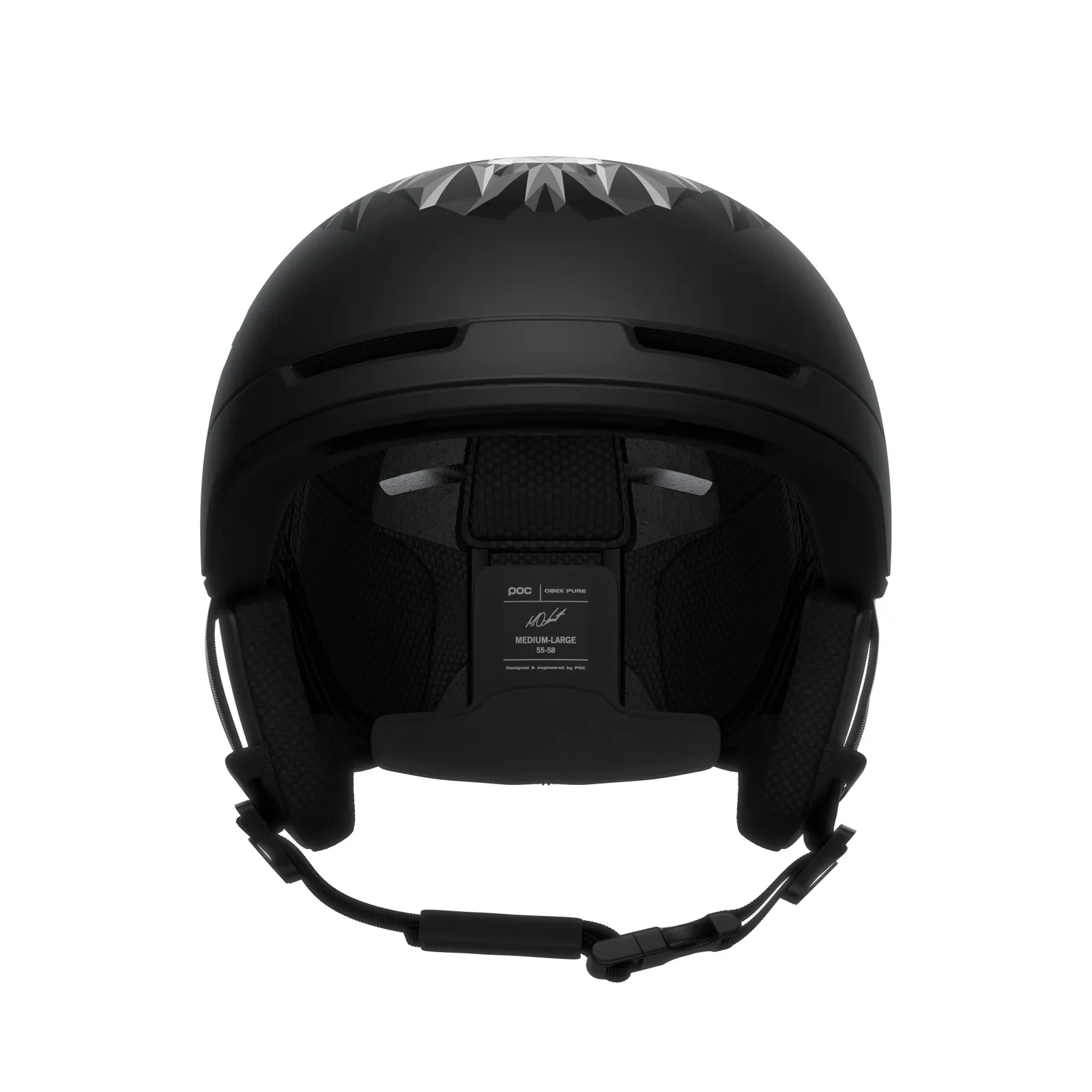 Schwarzer POC Obex Pure Odermatt Edition Skihelm von vorne, mit silbernem Löwenmuster oben und Größenangabe innen.