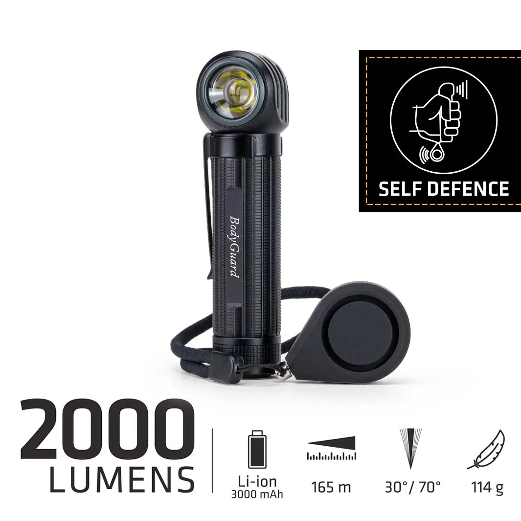 Schwarze M6xr BodyGuard Taschenlampe mit angewinkeltem Kopf, mit technischen Details und einem Selbstverteidigungs-Symbol.