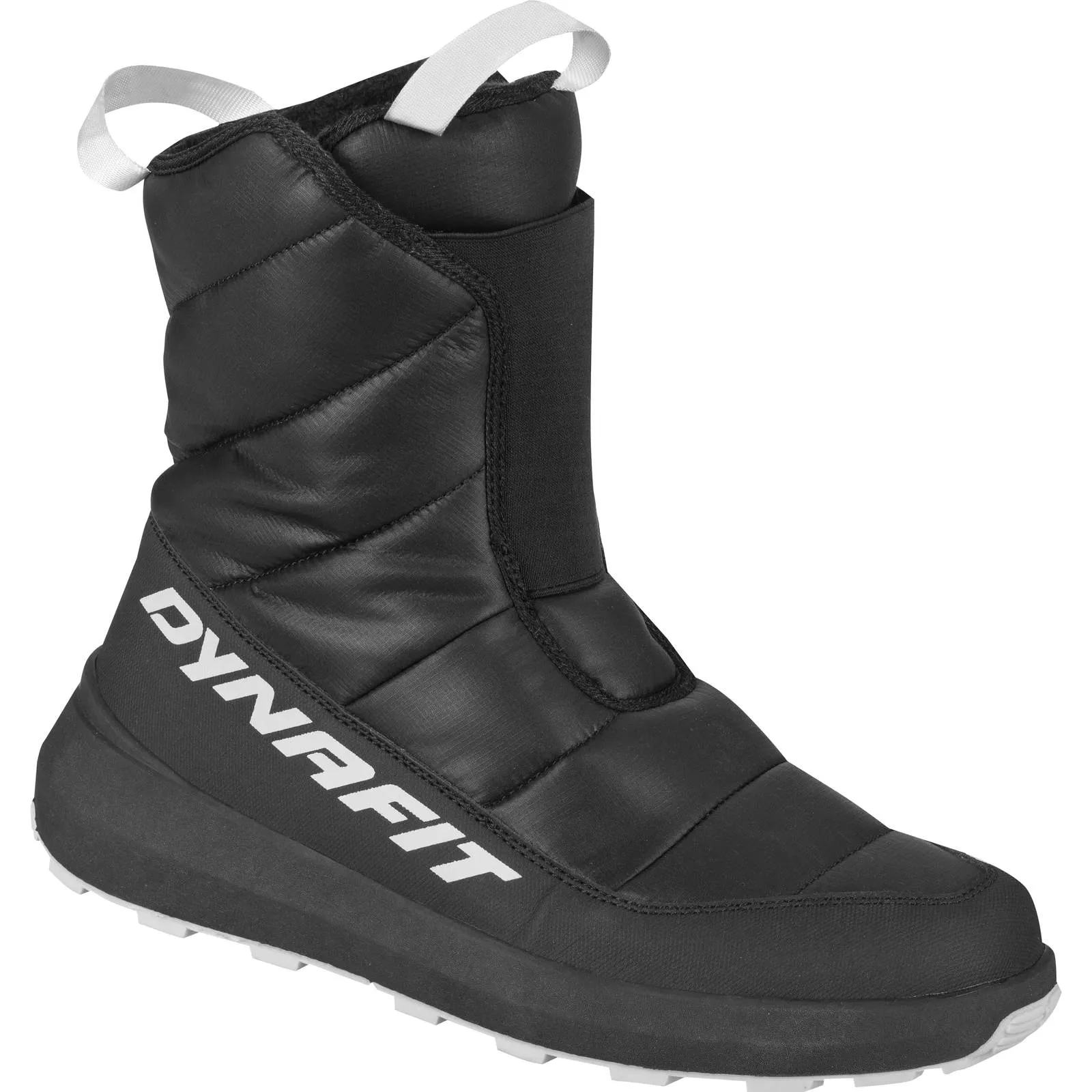 Schwarzer Dynafit Winterschuh mit weißem Logo und Zugschlaufe, gestepptes Obermaterial und profilierte Sohle.