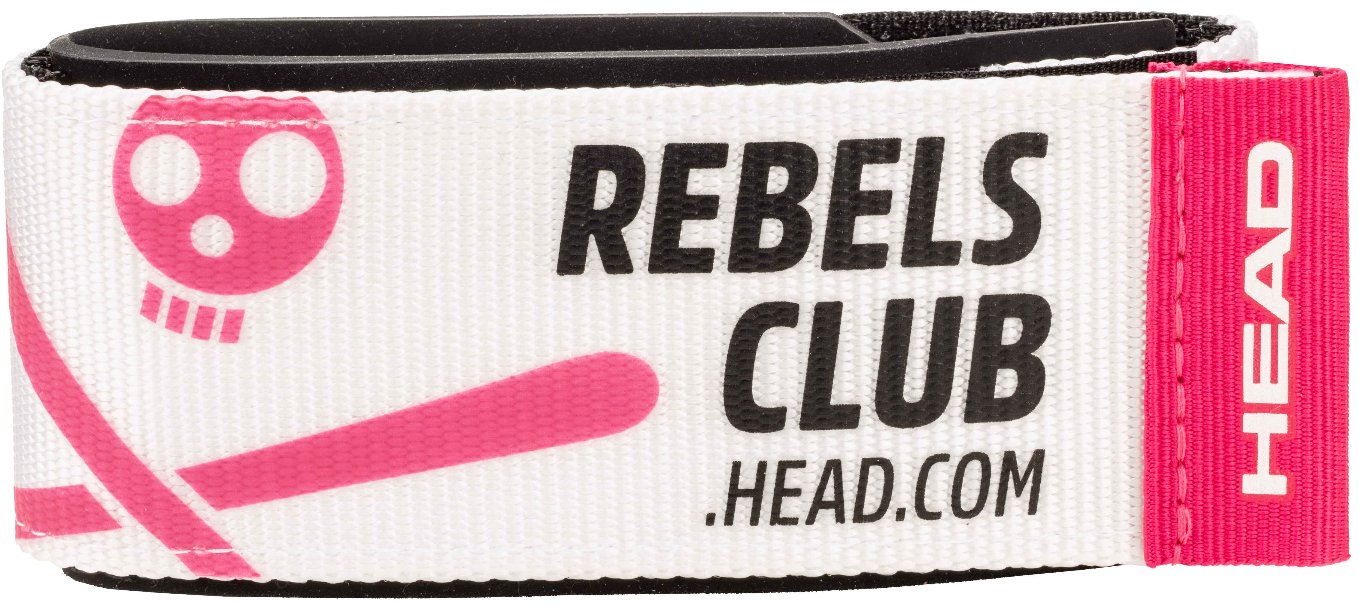 Ein weißes Armband mit "REBELS CLUB" in Schwarz, einem rosa Totenkopf mit gekreuzten Knochen und einem rosa "HEAD"-Logo.