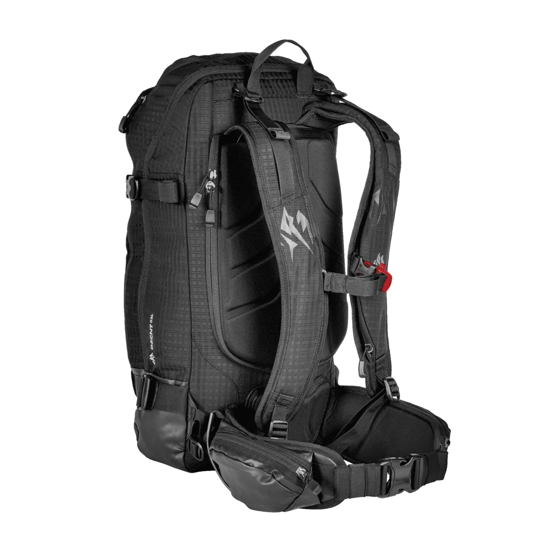 Schwarzer Jones DSCNT 32L Rucksack, von hinten und der Seite fotografiert, mit Tragegurten und Hüftgurt.
