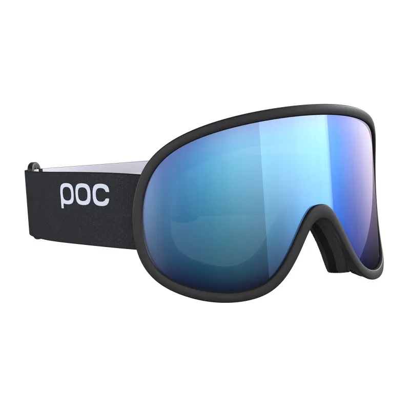 Schwarze Skibrille mit blauer Linse und weißem Band mit dem POC-Logo.