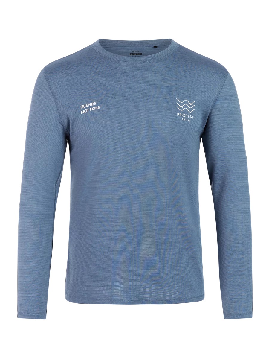 Blaues Langarmshirt mit Rundhalsausschnitt, Text "Friends Not Foes" und Wellen-Logo auf der Brust.
