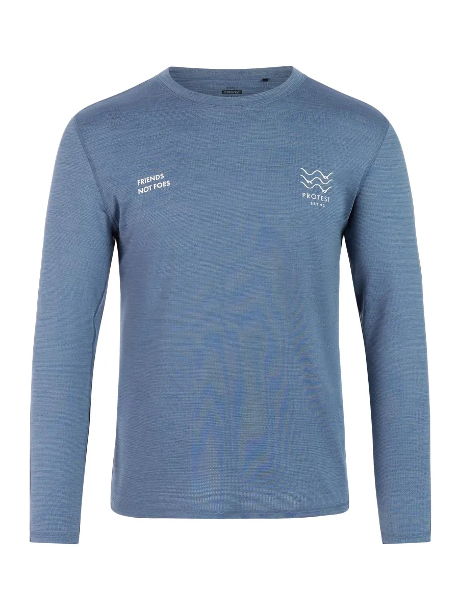 Blaues Langarmshirt mit Rundhalsausschnitt, Text "Friends Not Foes" und Wellen-Logo auf der Brust.