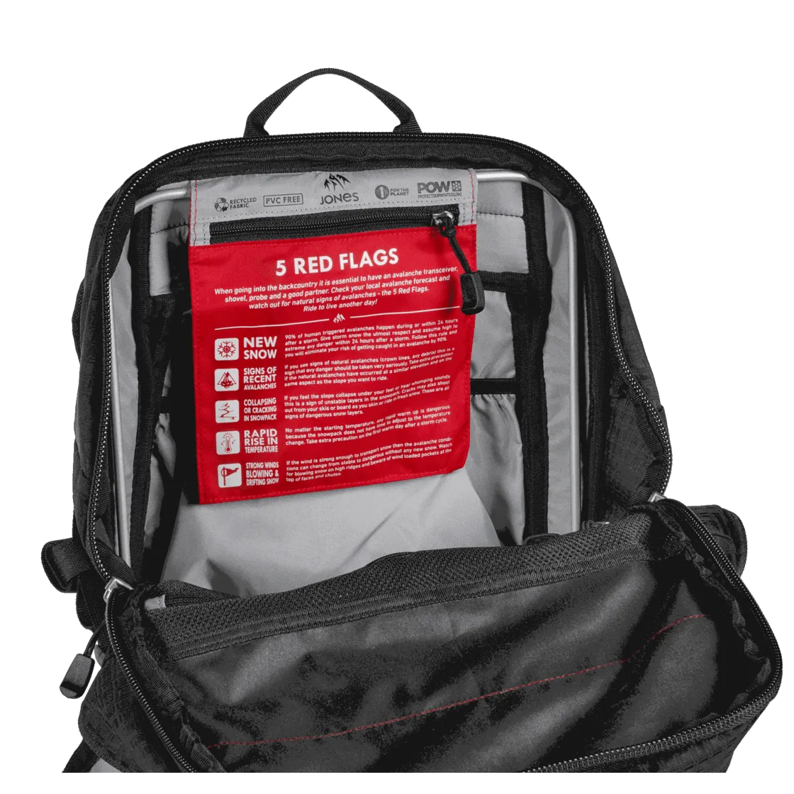Innenansicht Jones DSCNT 32L Rucksack mit roter Tasche und Lawinen-Sicherheitsinformationen.