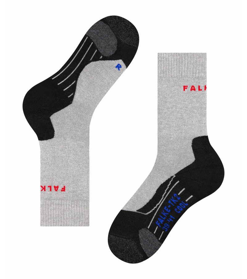 Graue Trekking Socken TK2 Graue Damen Trekking Socken TK2 Cool, eine aufrecht, eine liegend. Schwarz verstärkte Bereiche an Ferse und Zehen.