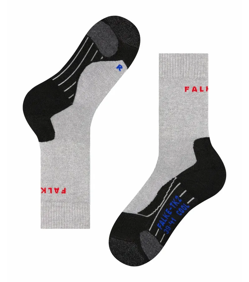 Graue Damen Trekking Socken TK2 Cool, eine aufrecht, eine liegend. Schwarz verstärkte Bereiche an Ferse und Zehen.