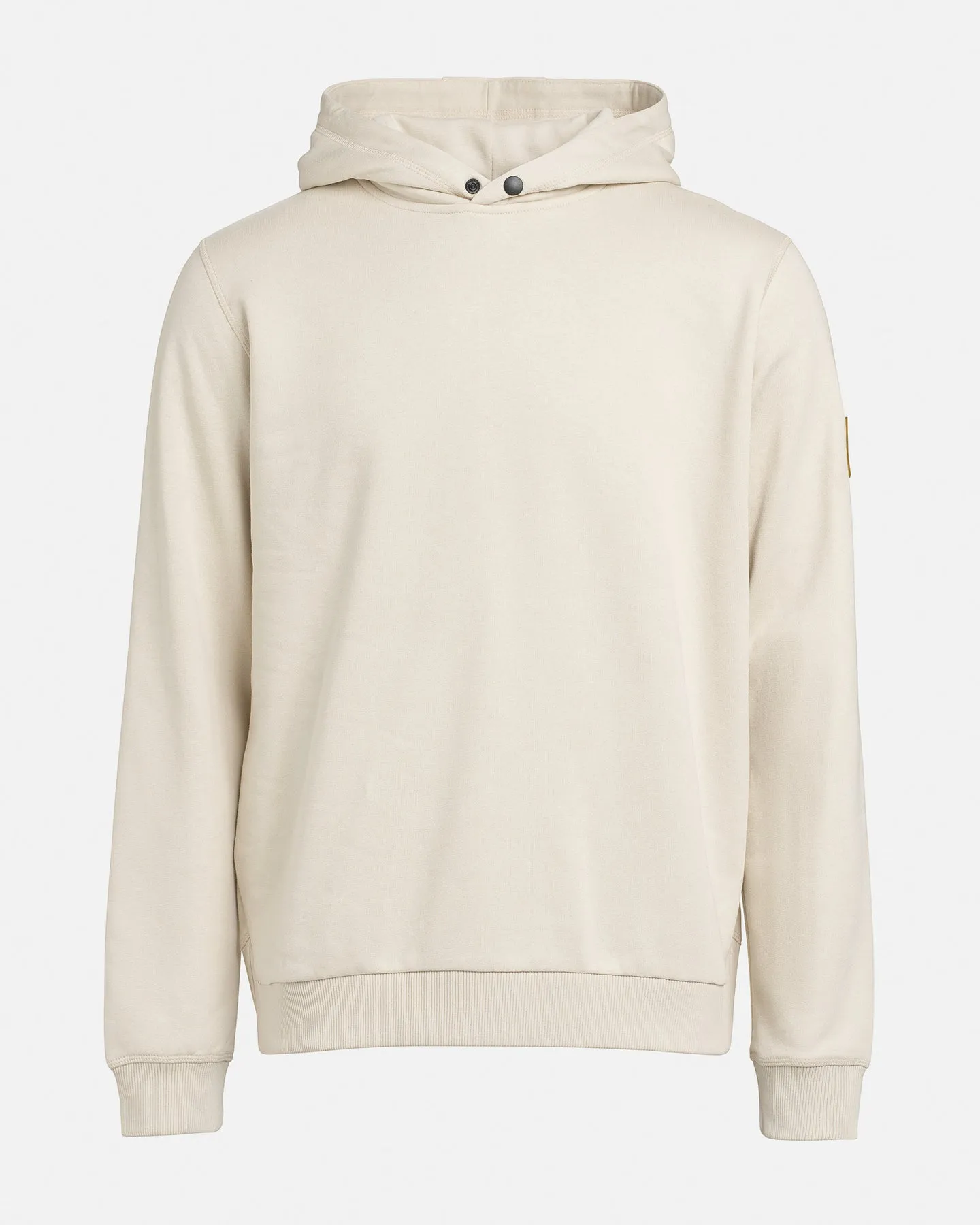 Beiger Kapuzenpullover mit langen Ärmeln und gerippten Bündchen. Die Kapuze hat zwei Knöpfe.