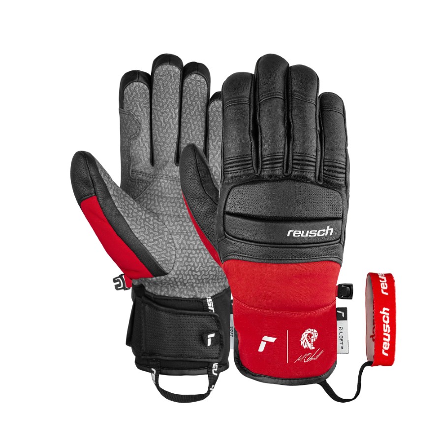 Paar hochwertige Ski-Handschuhe in Schwarz, Rot und Grau, mit Logo und Handschlaufe.