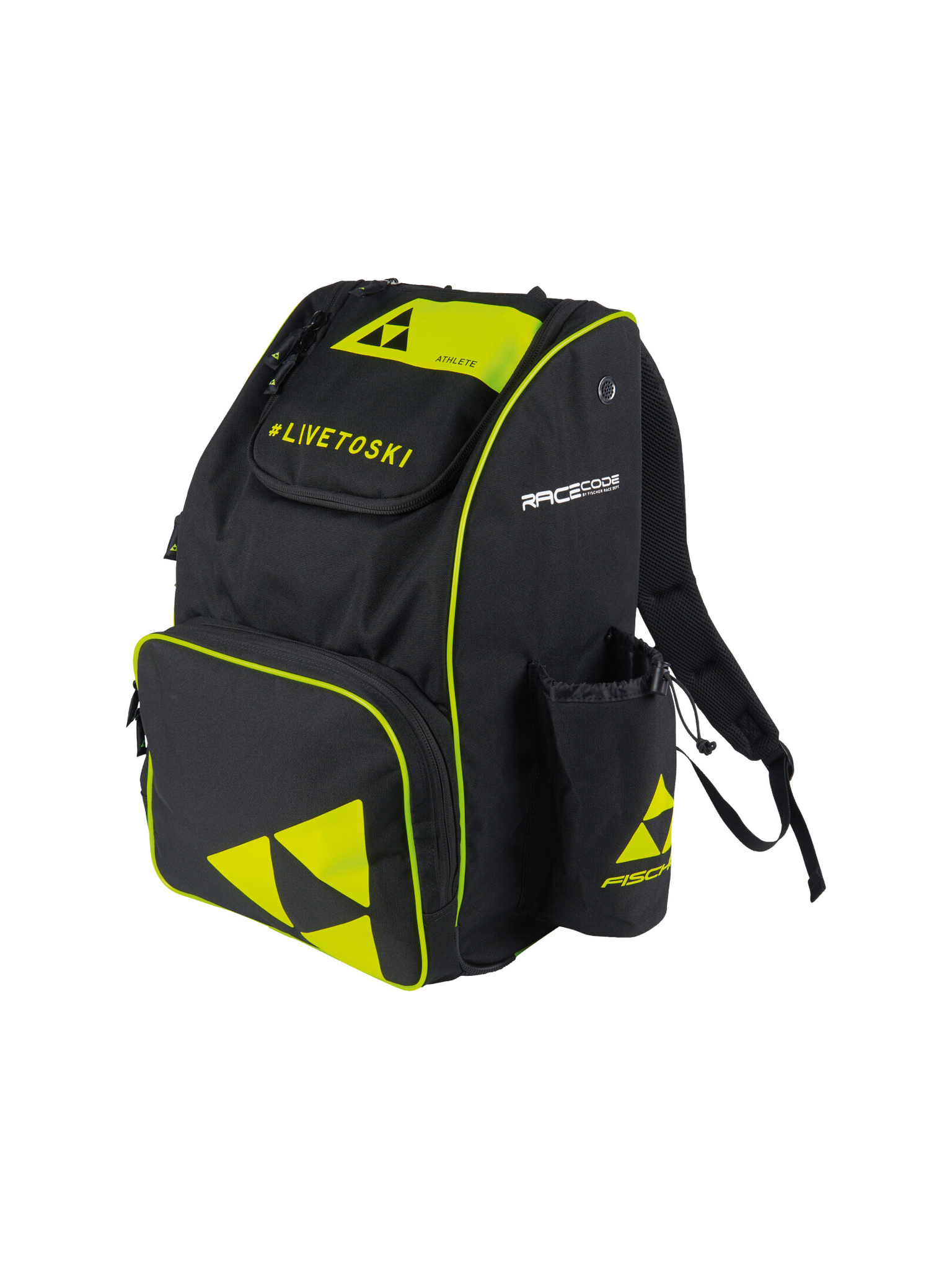 Schwarzer Fischer-Rucksack mit Neongelben Akzenten, Logos und '#'LIVETOSKI'-Schriftzug, isoliert auf Weiß.