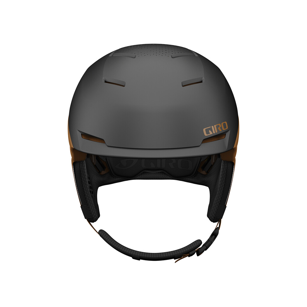 Detailaufnahme des Giro Tenet MIPS Skihelms in Metallic Coal, Frontansicht mit Ohrenpolstern und Kinnriemen.