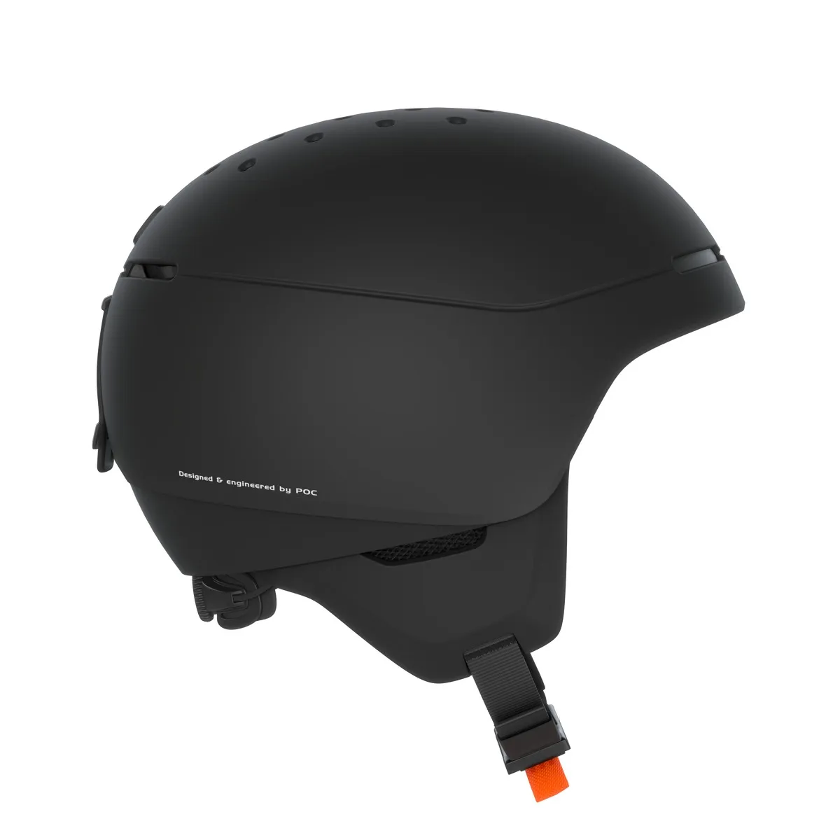 Schwarzer Skihelm Poc Meninx im Profil, mit Kinnriemen und Belüftungslöchern.