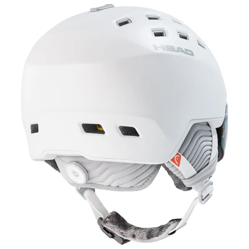 Weißer Skihelm Head Rachel 5K Photo Mips von hinten, mit Belüftungslöchern und integriertem Visier.