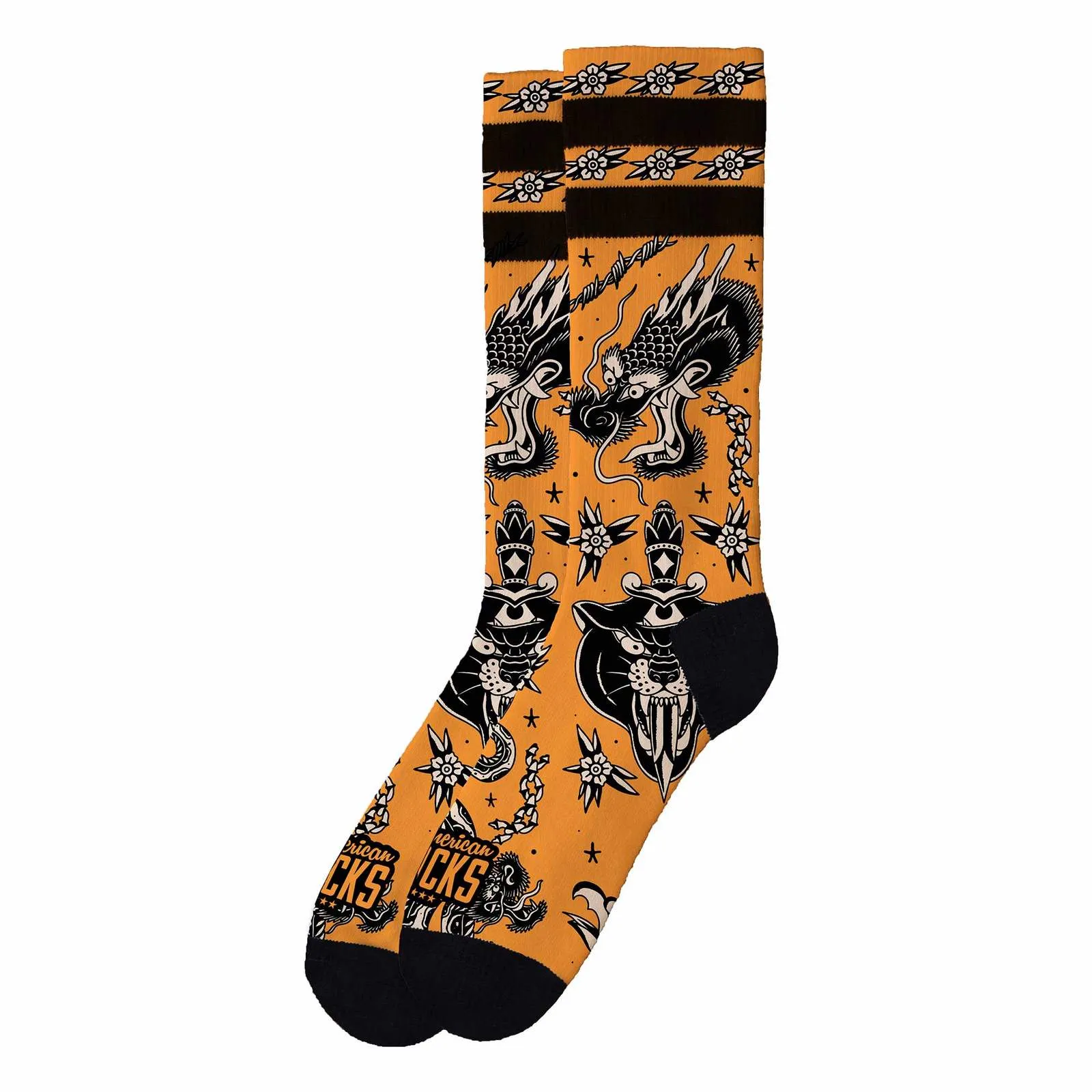 Orange Inked Socks mit schwarzen Bündchen, Tattoo-Motiven: Drachen, Panther, Dolche.