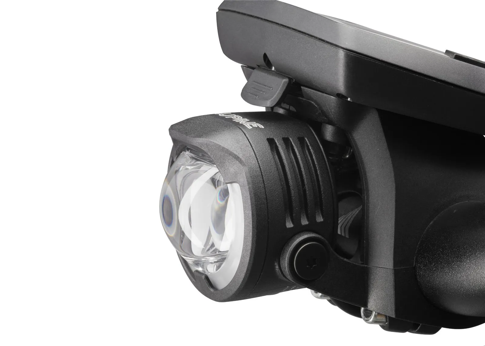 Nahaufnahme einer Lupine SL B Bosch E-Bike Beleuchtung mit Halterung. Die Lampe ist schwarz und hat eine klare Linse.