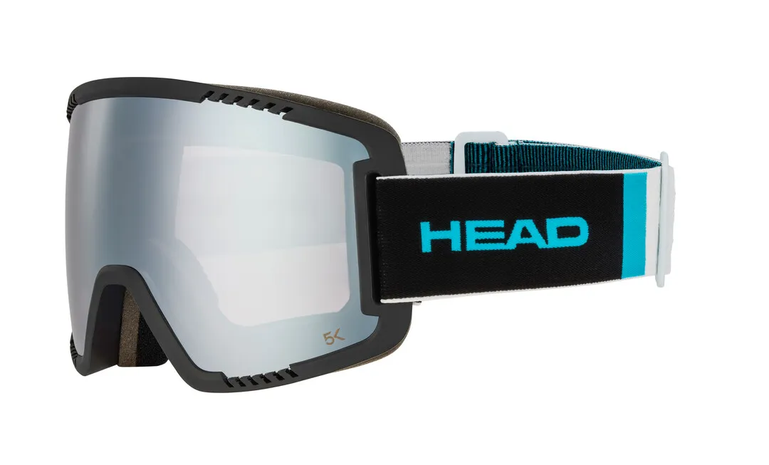 Ski-Brille Contex Pro 5K Race mit verspiegelter Scheibe und schwarzem Band mit blauem "HEAD" Schriftzug.