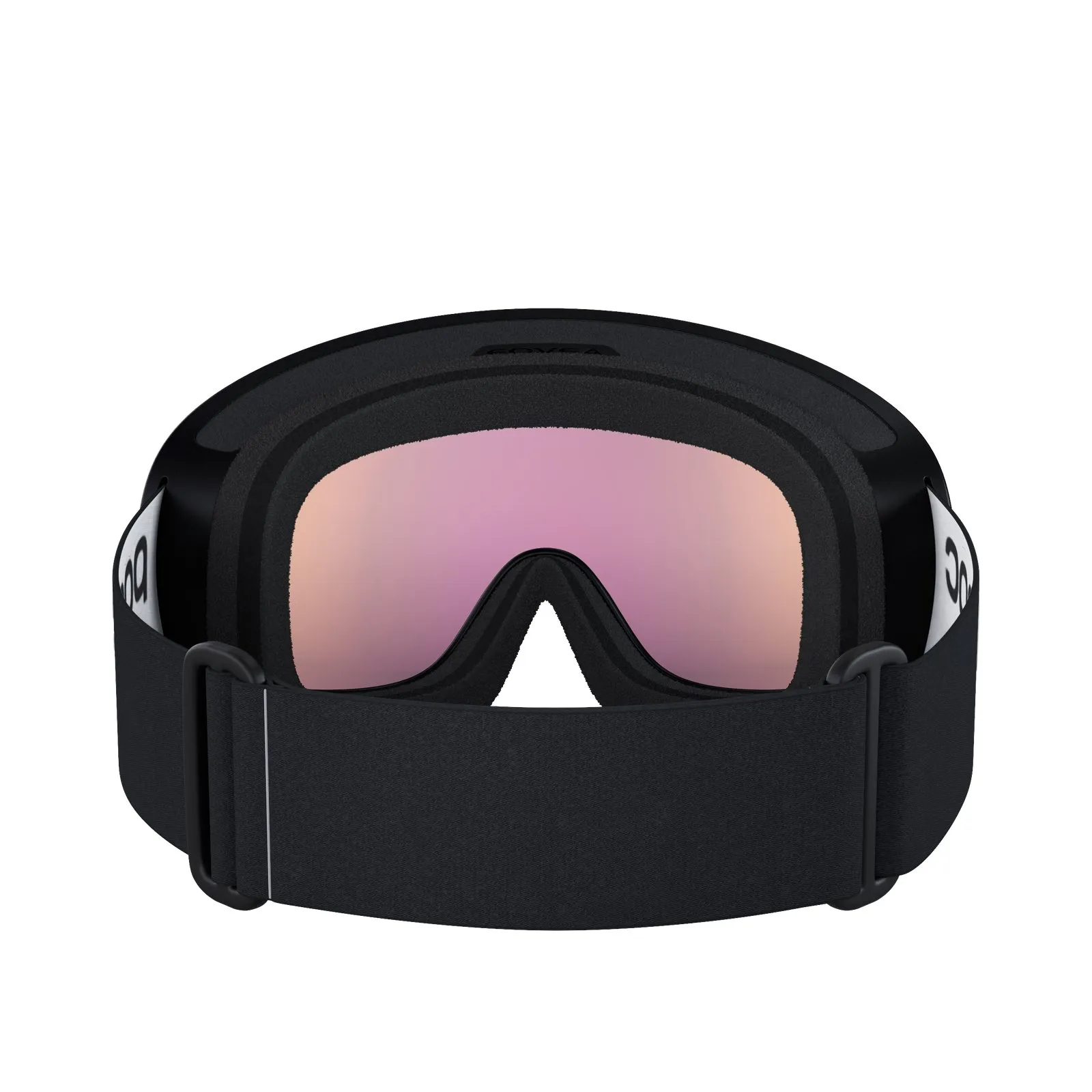 Schwarze POC Fovea Clarity Skibrille mit partly sunny Linse von hinten, mit breitem, verstellbaren Band.