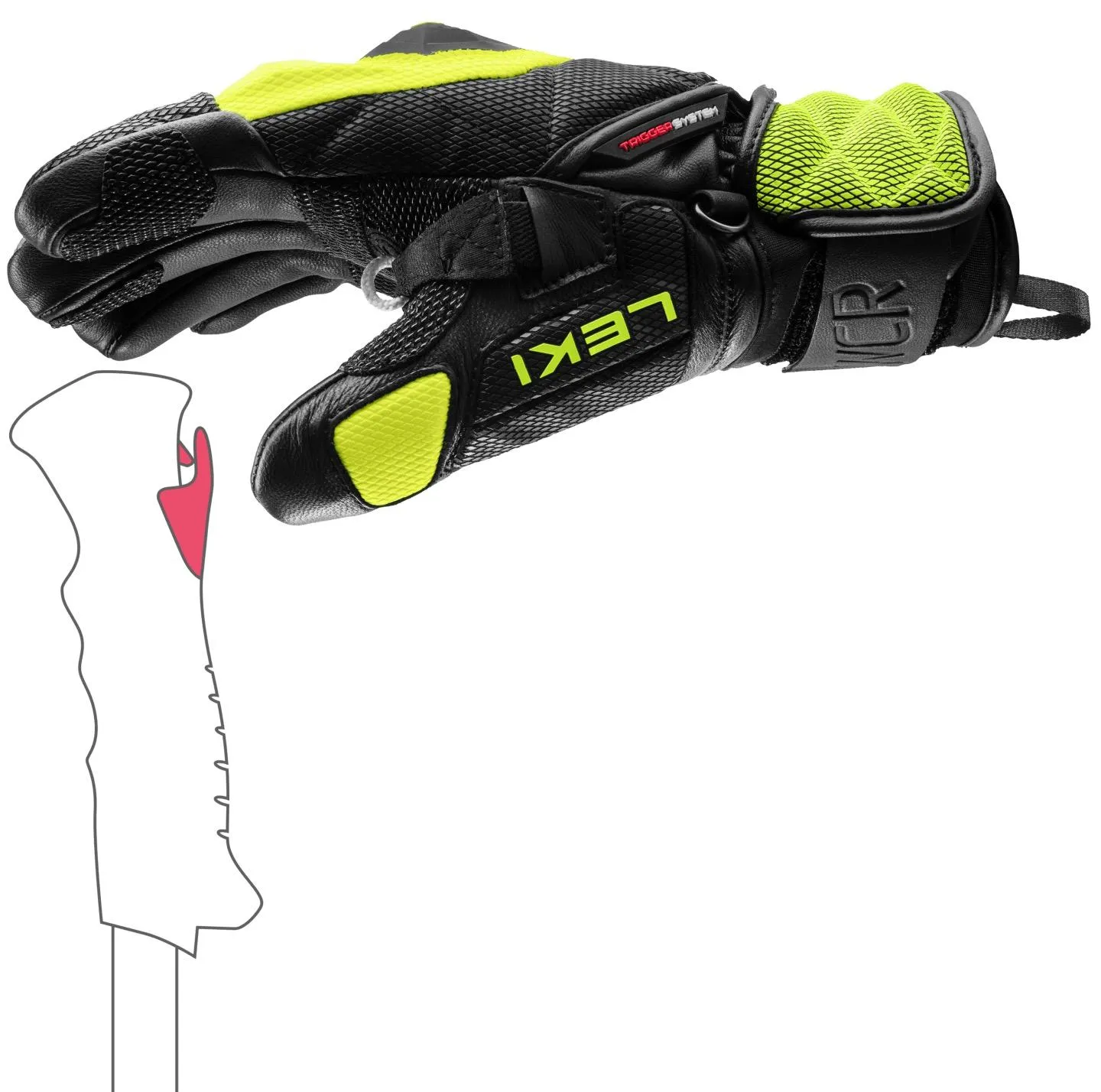 Schwarzer Leki WCR Venom SL 3D Mitt mit gelben Akzenten und abgebildeter Skistock-Kontur.