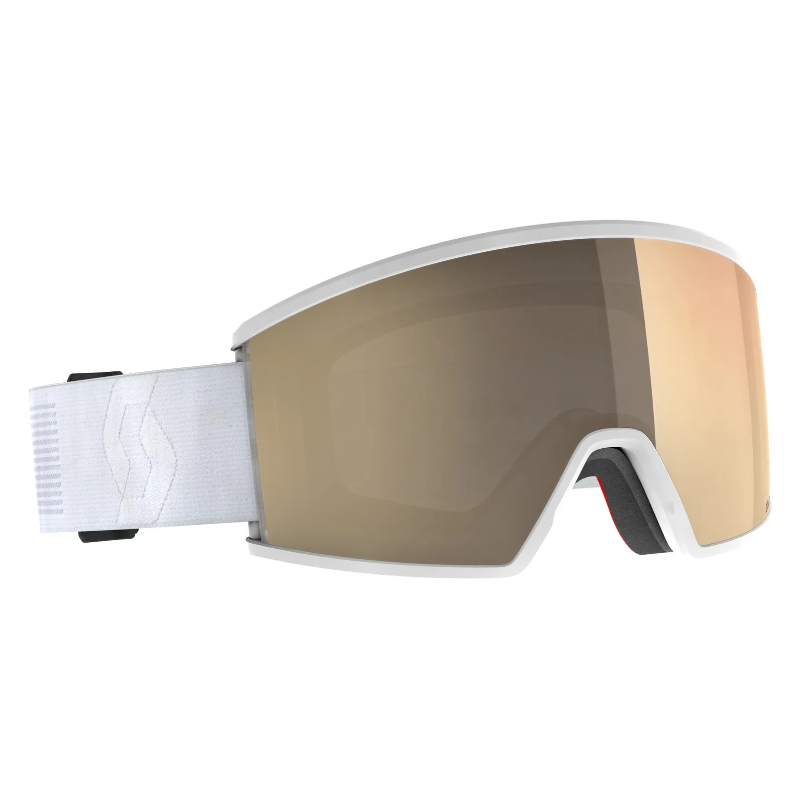 Nahaufnahme einer Scott Ambit LS Skibrille mit weißem Rahmen und photochromatischer AMP LS Linse.