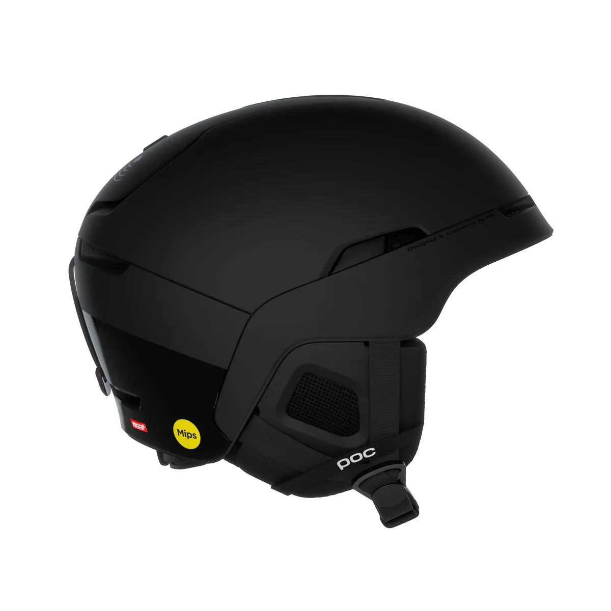 Schwarzer Skihelm "Poc Obex BC Mips" von der Seite, mit Mips Aufkleber und Belüftungsdetails, vor einem weißen Hintergrund.