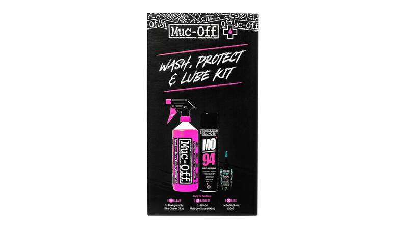 Muc-Off Pflegekit Verpackung des Muc-Off Wash, Protect & Lube Kit mit Reiniger, Spray und Kettenöl in Schwarz und Pink.