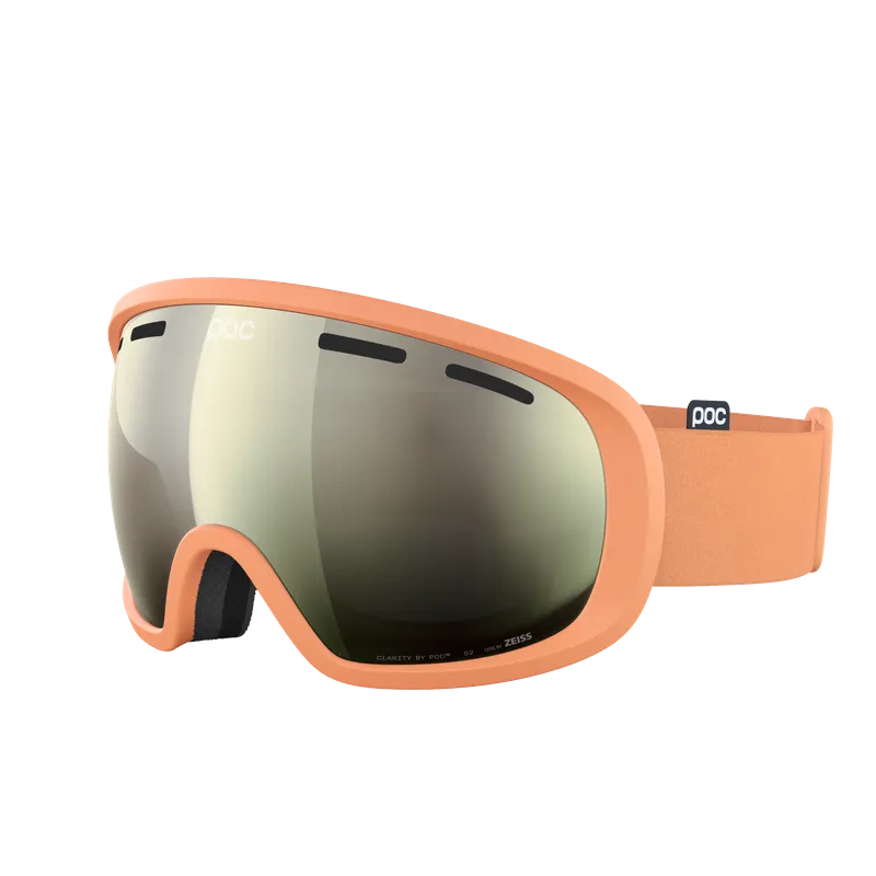 Skibrille in Pfirsichfarbe mit einer verspiegelten, getönten Linse und einem schwarzen Nasenschutz.