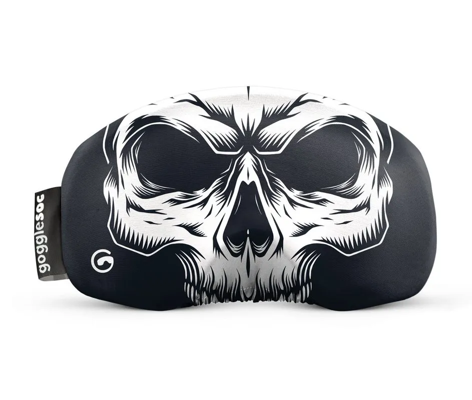 Schwarze Skull Soc Brillenabdeckung mit weißem Totenkopf-Design. Schutzhülle für Ski- oder Snowboardbrille.