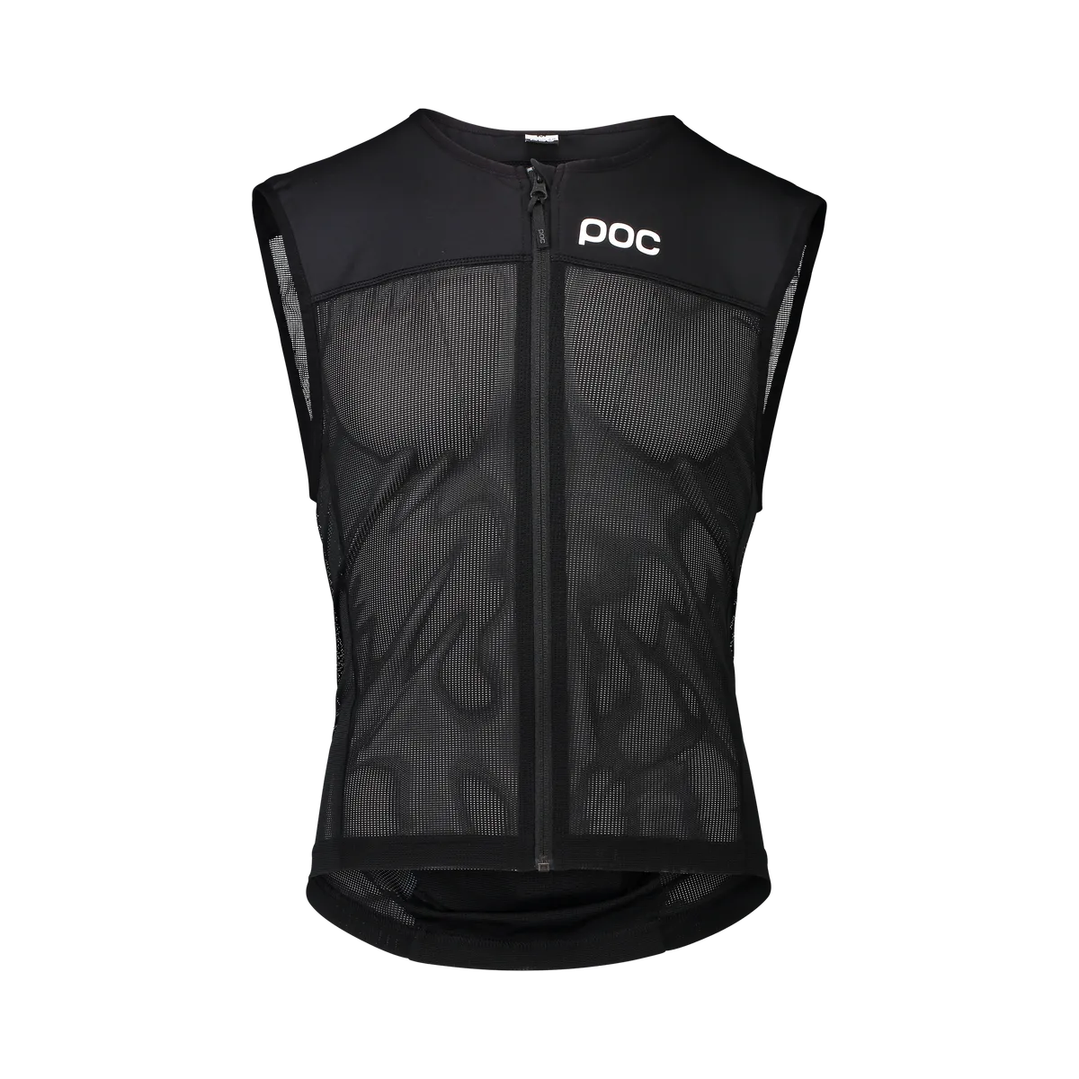 Schwarze Spine VPD AIR Vest Women, Frontansicht. Reißverschluss mittig, POC Logo auf der Brust. Netzeinsätze sorgen für Belüftung.