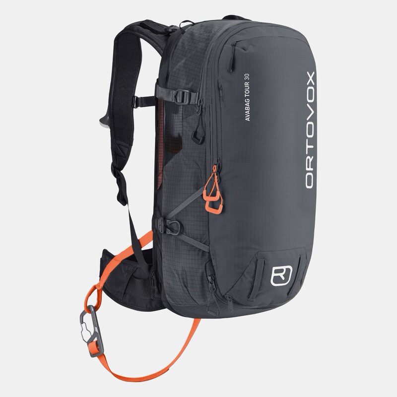 Ortovox Avabag Rucksack Dunkelgrauer Ortovox Avabag Litric Tour 30 Rucksack. Akzente in Orange, weißer Schriftzug.
