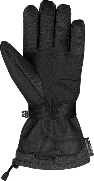 Eine schwarze, isolierte Skihandschuh mit Handfläche nach oben, zeigt Details wie Textur und Riemen.